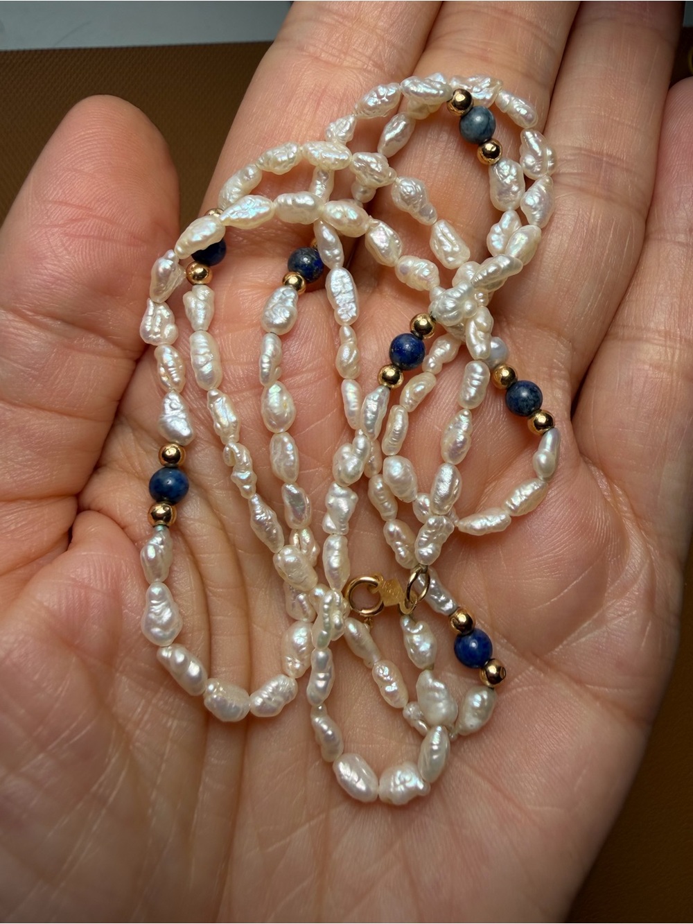 Vintage 14K Gold Freshwater Pearl & Lapis Lazuli Bead Strand Necklace